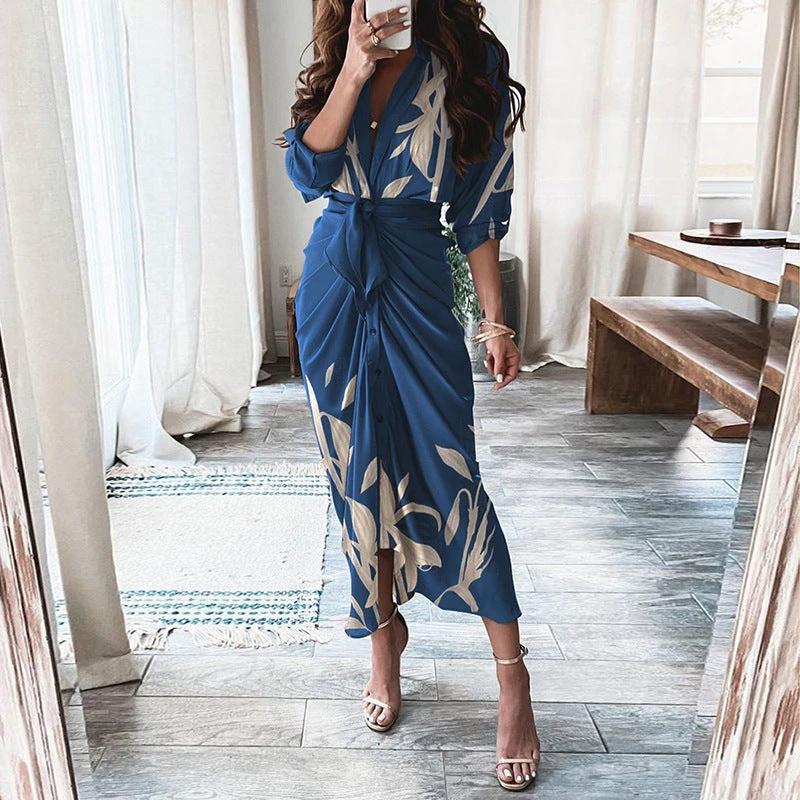 Mandotos European And American Print Long Sleeve Laceup Button Front Shirt Dress - MANDOTOS