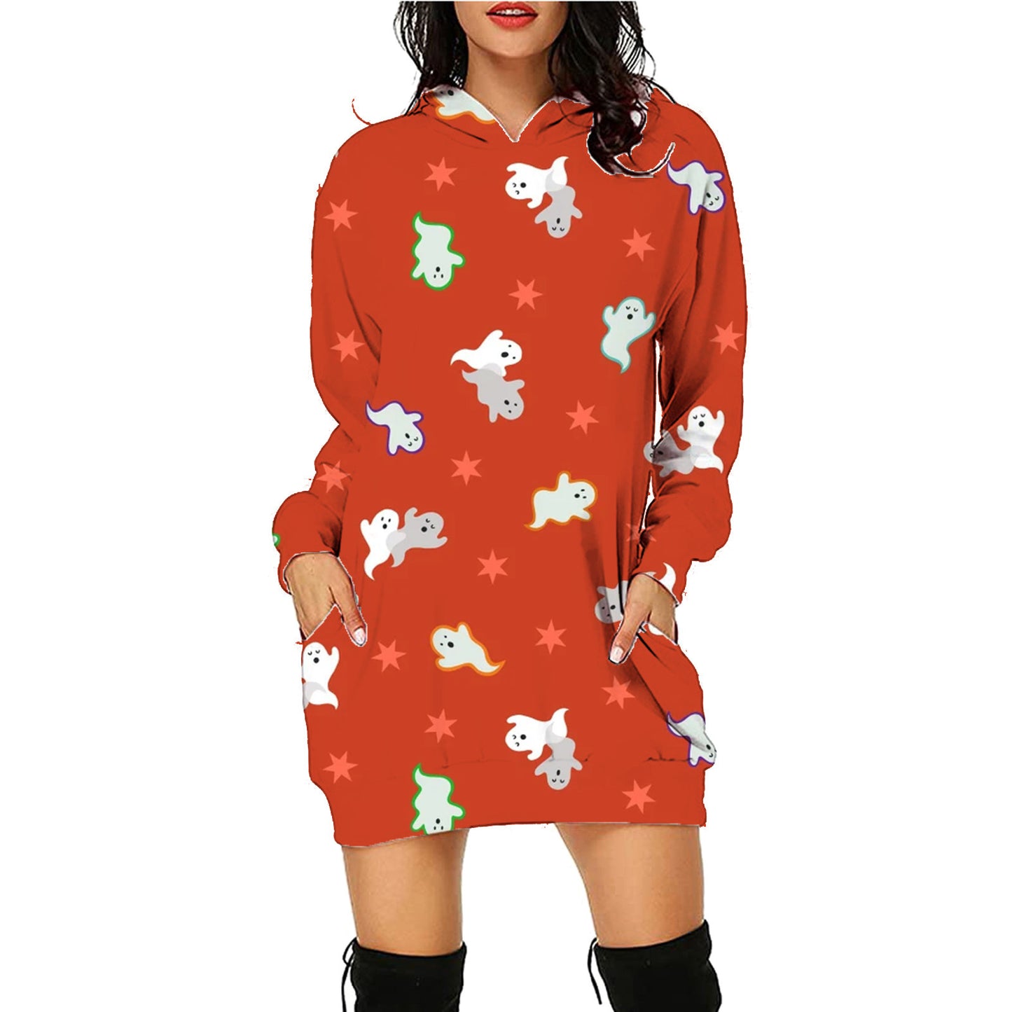 Halloween Print Long Hoodie With Pockets Sweater Long Sleeve Clothes Women - MANDOTOS
