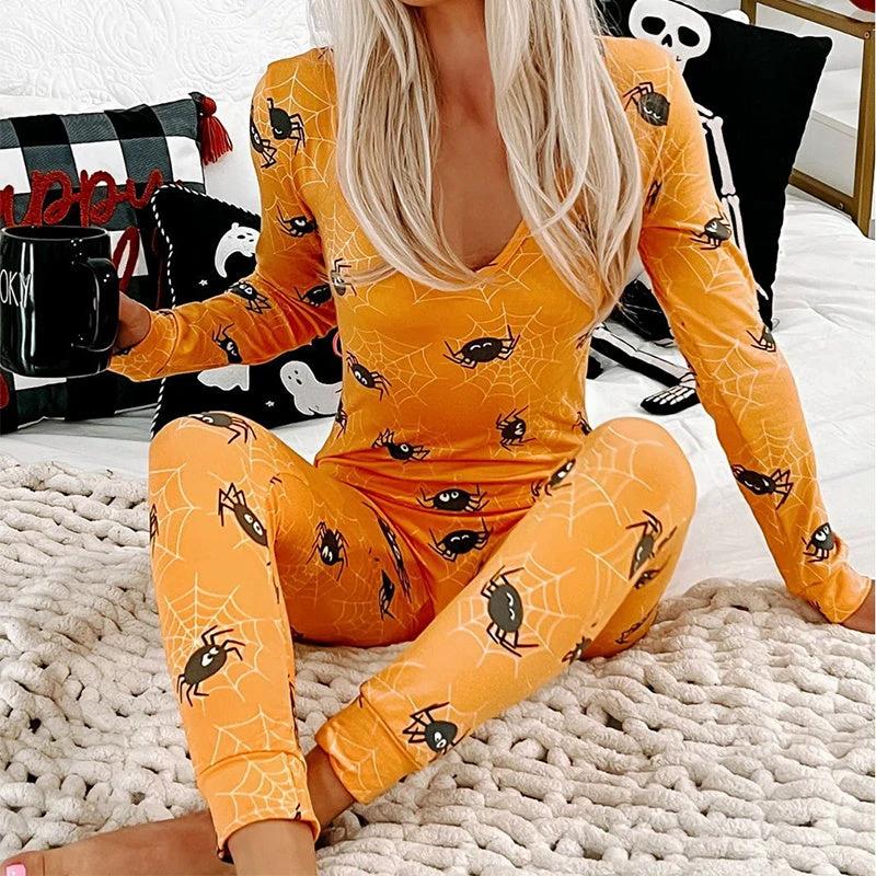 Halloween Printed Jumpsuit - Long Sleeve Home Pajamas - MANDOTOS