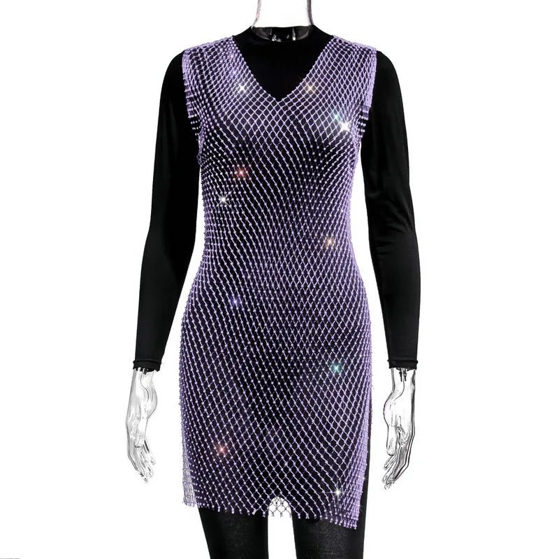 Fishnet Dress V-neck Rose Red Rhinestone Bikini Bling Diamond Party Women Dresses - MANDOTOS INTERNATIONAL