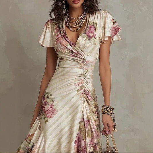 Ruffled Hem Maxi Dress – V-Neck Satin A-Line Color Block Dress - MANDOTOS INTERNATIONALDress