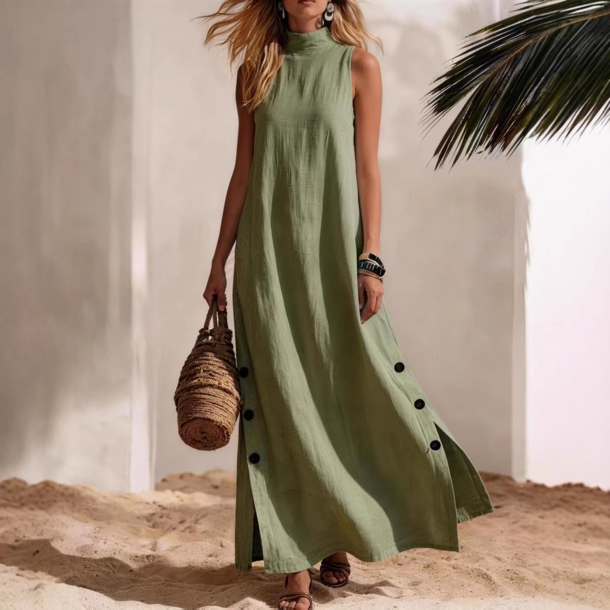 Cotton Linen Sleeveless Midi Dress – Side Slits & Loose Fit - MANDOTOS INTERNATIONALDresses