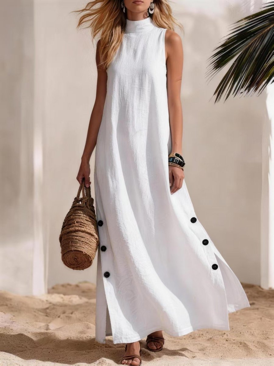 Cotton Linen Sleeveless Midi Dress – Side Slits & Loose Fit - MANDOTOS INTERNATIONALDresses