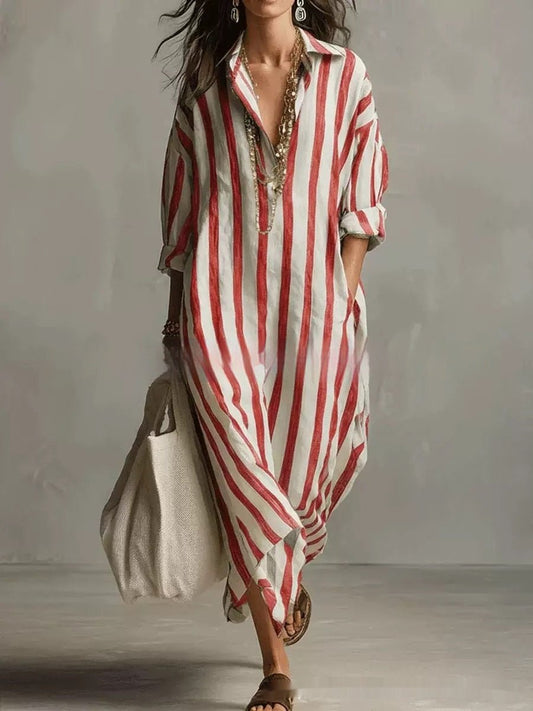 Striped Lapel Collar Dress – Side Slits & Pockets - MANDOTOS INTERNATIONALDresses