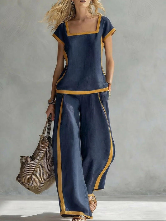 Square-Neck Three-Quarter Sleeve Loose Top & Pants Two-Piece Set - MANDOTOS INTERNATIONALTwo-Piece Set