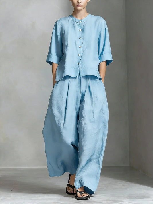FitiqueFit three-quarter sleeve shirt and loose trousers two-piece set, stylish and comfortable casual wear for women.