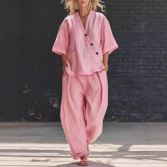V-Neck Short Sleeve Top & High-Waist Trousers Two-Piece Set - MANDOTOS INTERNATIONALTwo-Piece Set