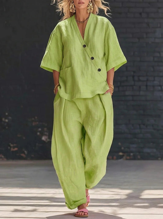 V-Neck Short Sleeve Top & High-Waist Trousers Two-Piece Set - MANDOTOS INTERNATIONALTwo-Piece Set
