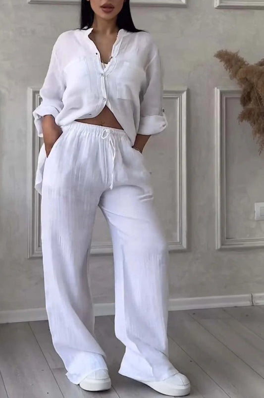 Wide-Leg Pants & Lace-Up Top Two-Piece Set – Solid Color, 12 Colors S–5XL - MANDOTOS INTERNATIONALTwo-Piece Set