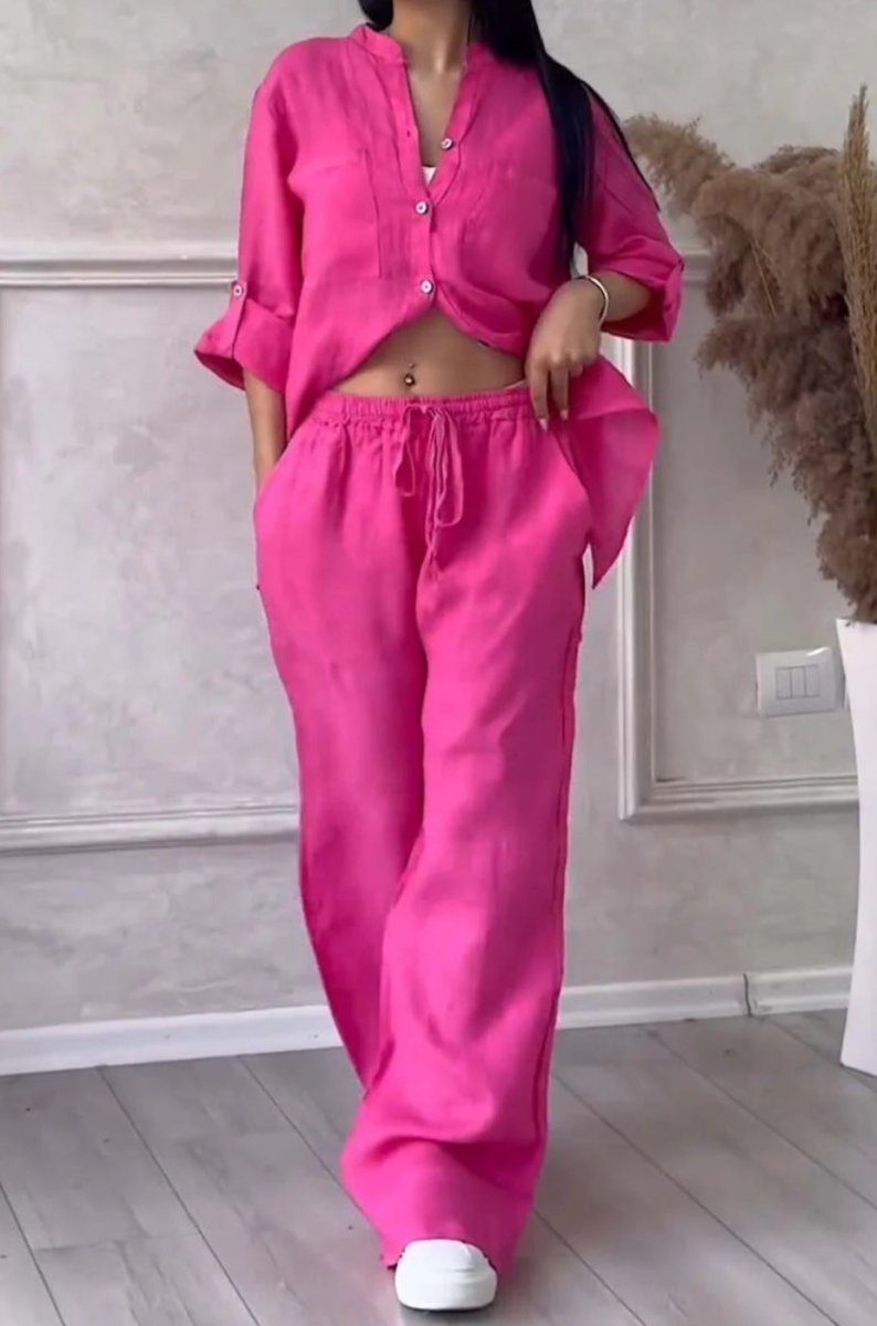 Wide-Leg Pants & Lace-Up Top Two-Piece Set – Solid Color, 12 Colors S–5XL - MANDOTOS INTERNATIONALTwo-Piece Set