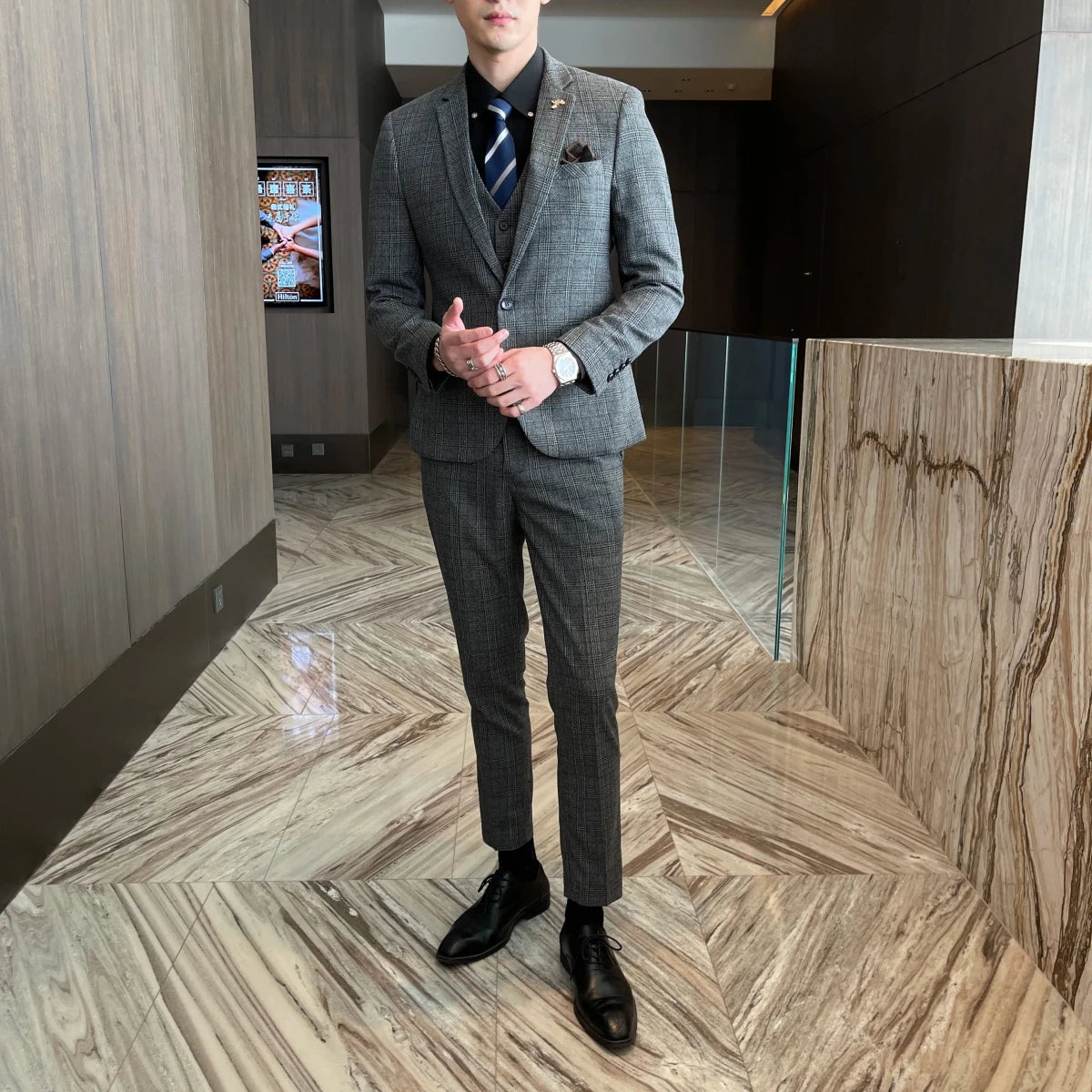 High-Quality British Korean Style Plaid Men's 3-Piece Business Casual Suit Set - MANDOTOS INTERNATIONAL