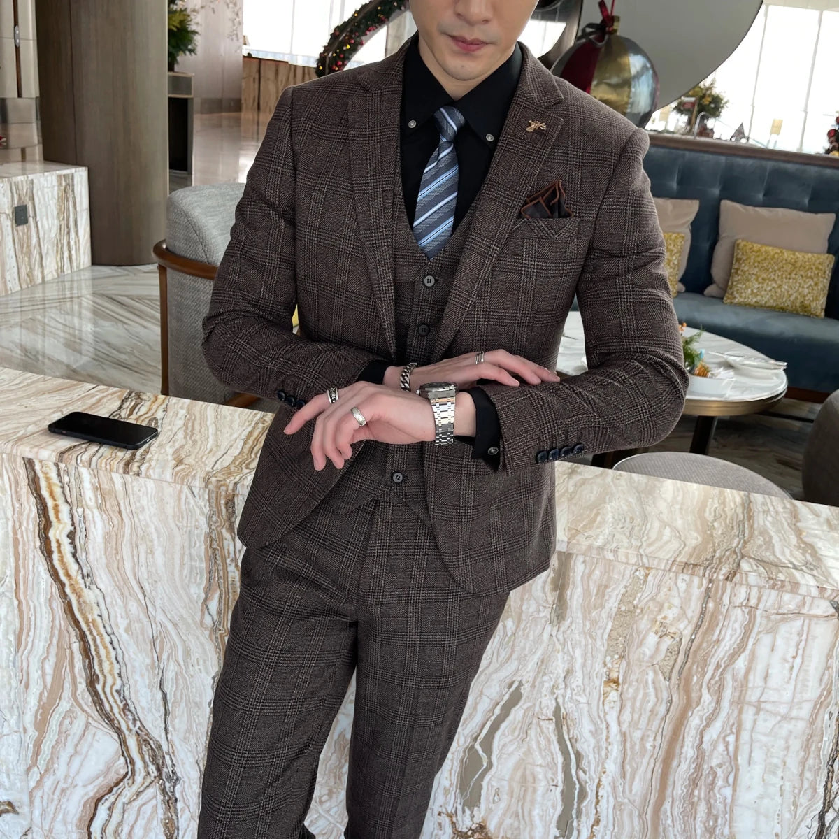 High-Quality British Korean Style Plaid Men's 3-Piece Business Casual Suit Set - MANDOTOS INTERNATIONAL