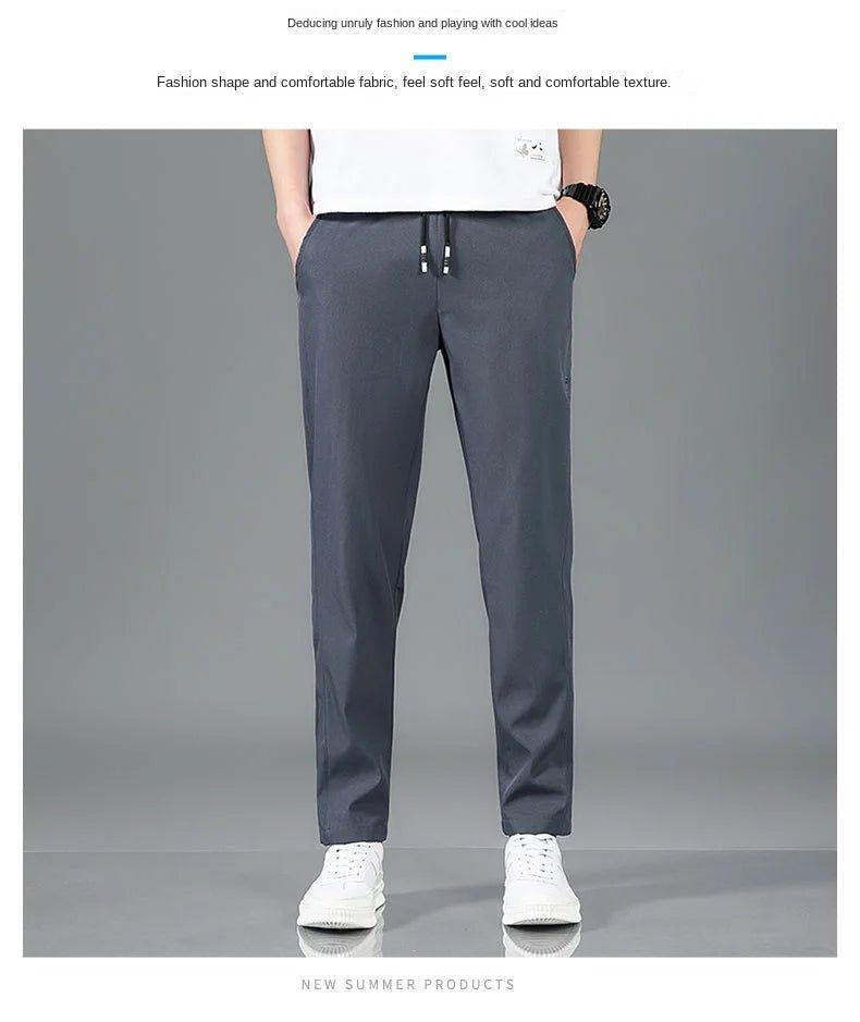 Ice Silk Men's Pants 2025 Summer New Black Gray Thin Business Casual Pants Outdoor Elastic Breathable Straight Leg Sweatpants - MANDOTOS