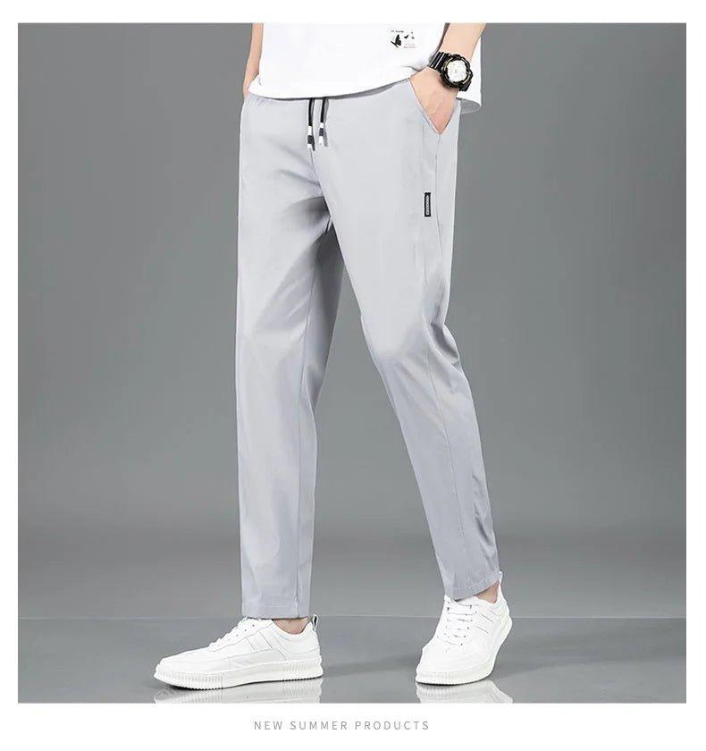 Ice Silk Men's Pants 2025 Summer New Black Gray Thin Business Casual Pants Outdoor Elastic Breathable Straight Leg Sweatpants - MANDOTOS