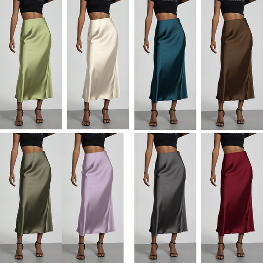 In-Stock Cross-Border Women's Clothing Wholesale European and American Style Elegant Satin Midi Skirt Slimming and Flowy - MANDOTOS INTERNATIONAL
