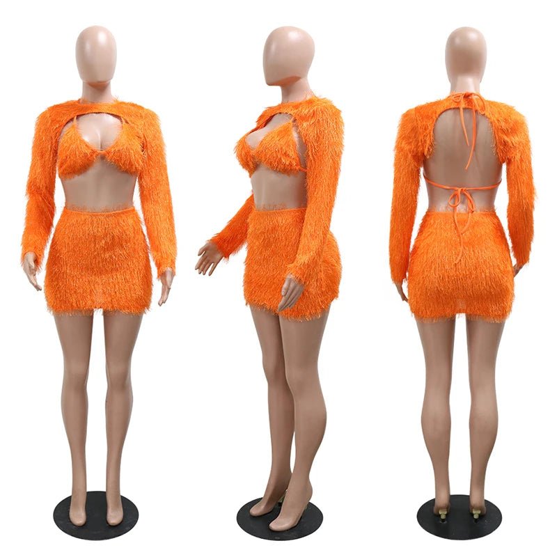In Stock CY900970 Fleece 3 Piece Set Bikini Skirt Set Club Party Clothing for Ladies - MANDOTOS INTERNATIONAL