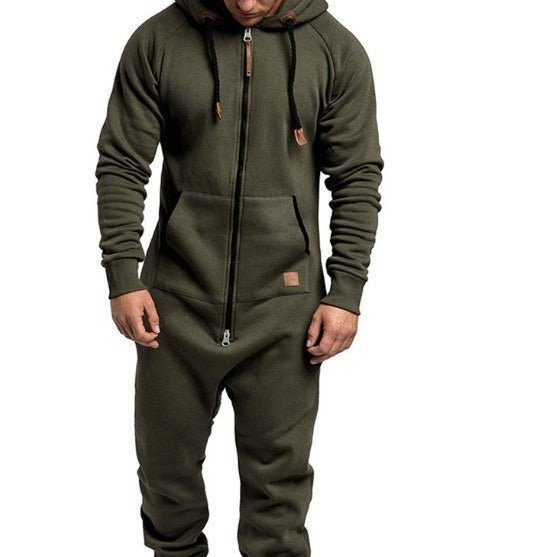 In-Stock New Foreign Trade Men's Hooded Fleece Jumpsuit Solid Color Casual Men's Suit Jumpsuit - MANDOTOS INTERNATIONAL