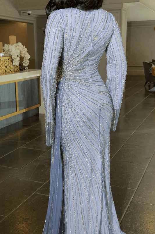 Abira Sequin Modest Neckline Long Sleeve Embellished Dress With Side Skirt - MANDOTOS INTERNATIONALDresses