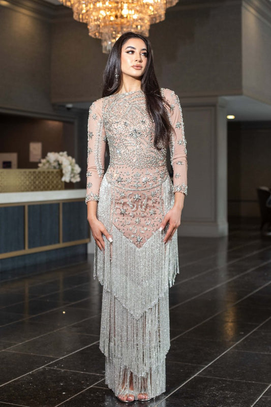 Dalia Long Sleeve Beaded Sequin Modest Tassel Gown - MANDOTOS INTERNATIONALLong Dress