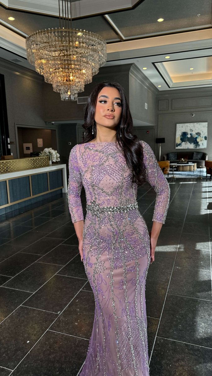 Fariza Long Sleeve Modest Beaded Embellished Evening Dress - MANDOTOS INTERNATIONALLong Dress
