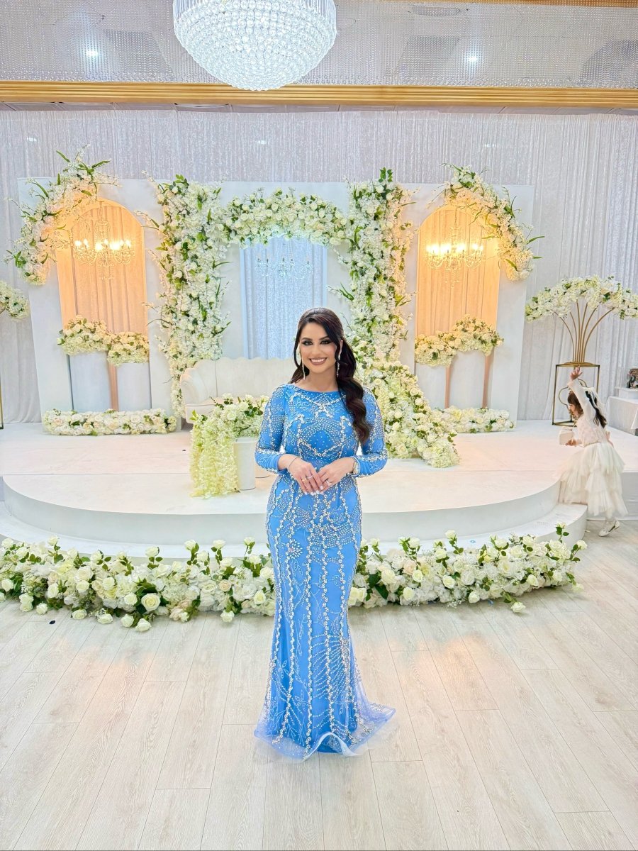 Fariza Long Sleeve Modest Beaded Embellished Evening Dress - MANDOTOS INTERNATIONALLong Dress