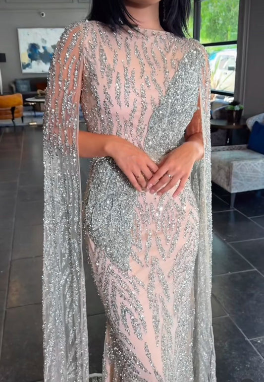 Nabilah Embellished Cape Sleeve Dress - MANDOTOS INTERNATIONALLong Dress