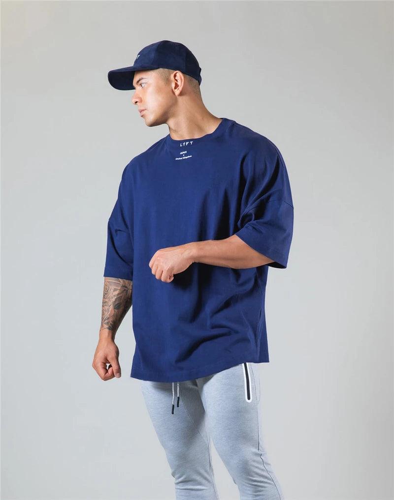 JAPAN&UK Cotton Gym Sport T Shirt Men Short Sleeve Running Shirt Men Workout Training Tees Fitness Loose large size M-XXXL