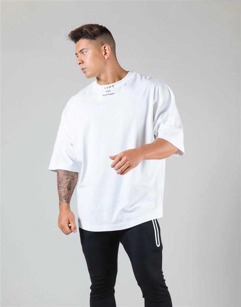 JAPAN&UK Cotton Gym Sport T Shirt Men Short Sleeve Running Shirt Men Workout Training Tees Fitness Loose large size M-XXXL
