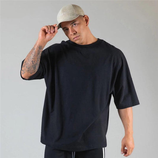 JAPAN&UK Cotton Gym Sport T Shirt Men Short Sleeve Running Shirt Men Workout Training Tees Fitness Loose large size M-XXXL