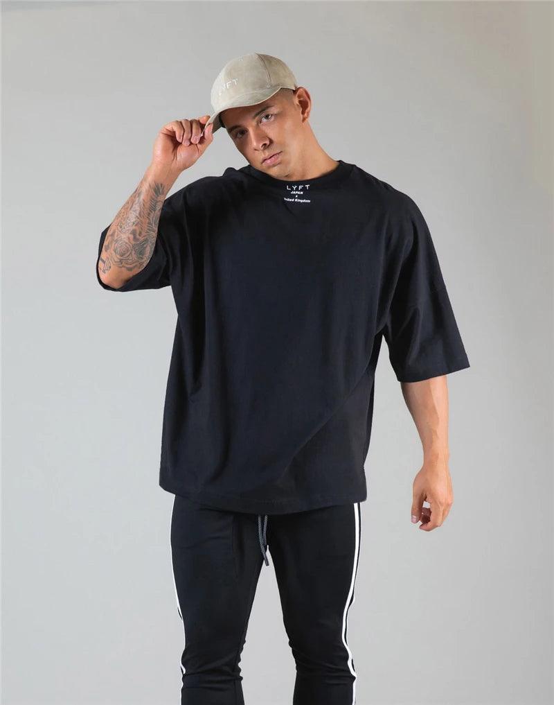 JAPAN&UK Cotton Gym Sport T Shirt Men Short Sleeve Running Shirt Men Workout Training Tees Fitness Loose large size M-XXXL