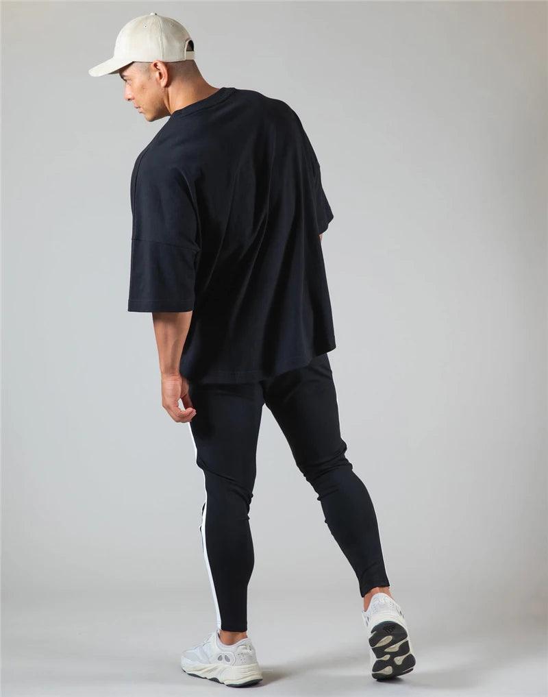 JAPAN&UK Cotton Gym Sport T Shirt Men Short Sleeve Running Shirt Men Workout Training Tees Fitness Loose large size M-XXXL