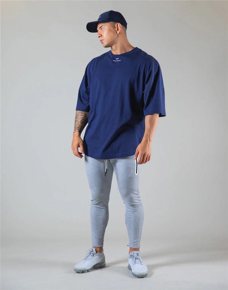 JAPAN&UK Cotton Gym Sport T Shirt Men Short Sleeve Running Shirt Men Workout Training Tees Fitness Loose large size M-XXXL
