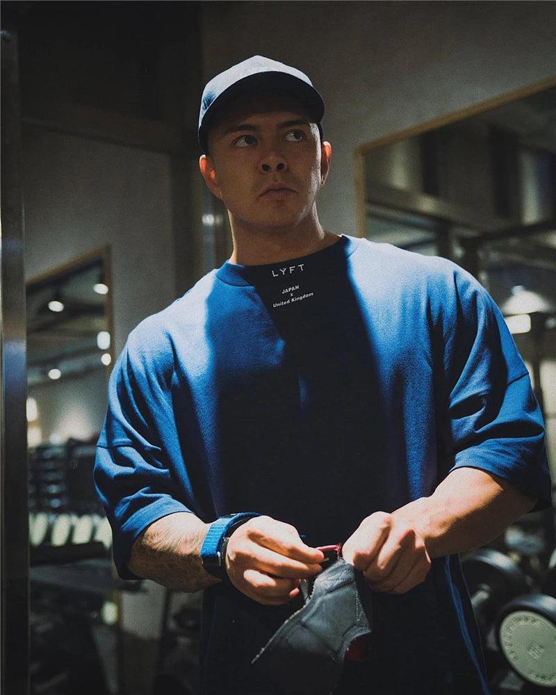 JAPAN&UK Cotton Gym Sport T Shirt Men Short Sleeve Running Shirt Men Workout Training Tees Fitness Loose large size M-XXXL