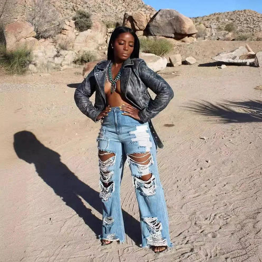 Jeans Women Long Pants Elegant Splice Denim Pant Slim Fit Sexy Hole High Waist Button Pocket Straight Trousers Summer 2024 - MANDOTOS