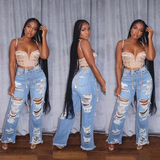 Jeans Women Long Pants Elegant Splice Denim Pant Slim Fit Sexy Hole High Waist Button Pocket Straight Trousers Summer 2024 - MANDOTOS