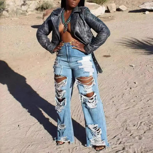 Jeans Women Long Pants Elegant Splice Denim Pant Slim Y2k Sexy Hole High Waist Button Pocket Straight Trousers Summer 2024 - MANDOTOS