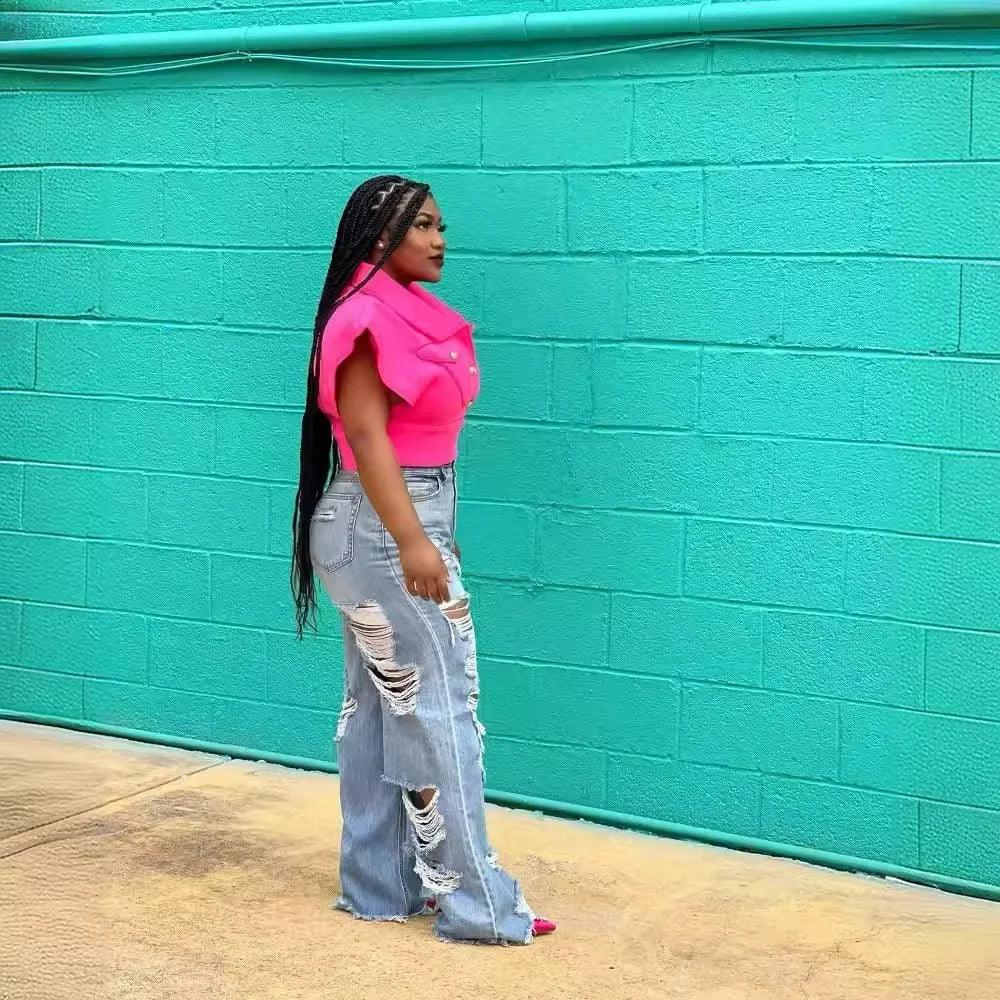 Jeans Women Long Pants Elegant Splice Denim Pant Slim Y2k Sexy Hole High Waist Button Pocket Straight Trousers Summer 2024 - MANDOTOS