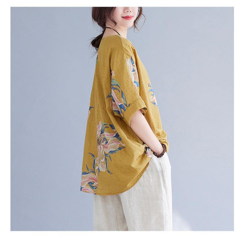 Korean Cotton Hemp Fat Mm Half Sleeve Top Summer - MANDOTOS