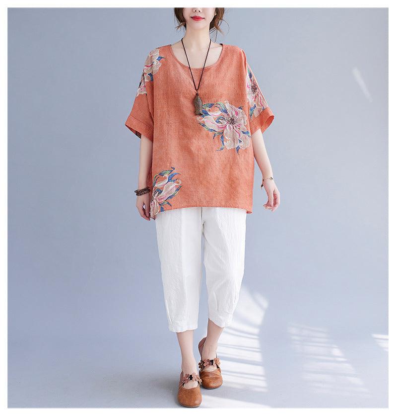 Korean Cotton Hemp Fat Mm Half Sleeve Top Summer - MANDOTOS