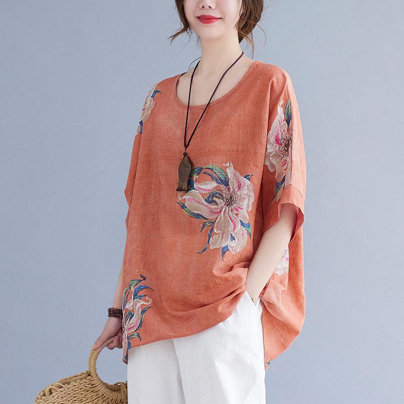 Korean Cotton Hemp Fat Mm Half Sleeve Top Summer - MANDOTOS