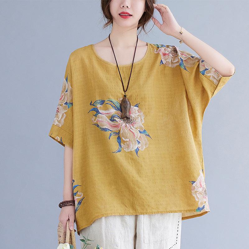 Korean Cotton Hemp Fat Mm Half Sleeve Top Summer - MANDOTOS