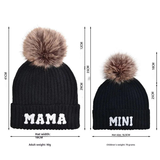 Kunyeah 3Pcs Parent-Child Beanie Hat Mama Papa Baby Matching Hats Winter Warm Cap with Pom-Pom Women Men Knitted Hat - MANDOTOS