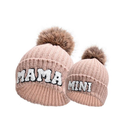 Kunyeah 3Pcs Parent-Child Beanie Hat Mama Papa Baby Matching Hats Winter Warm Cap with Pom-Pom Women Men Knitted Hat - MANDOTOS