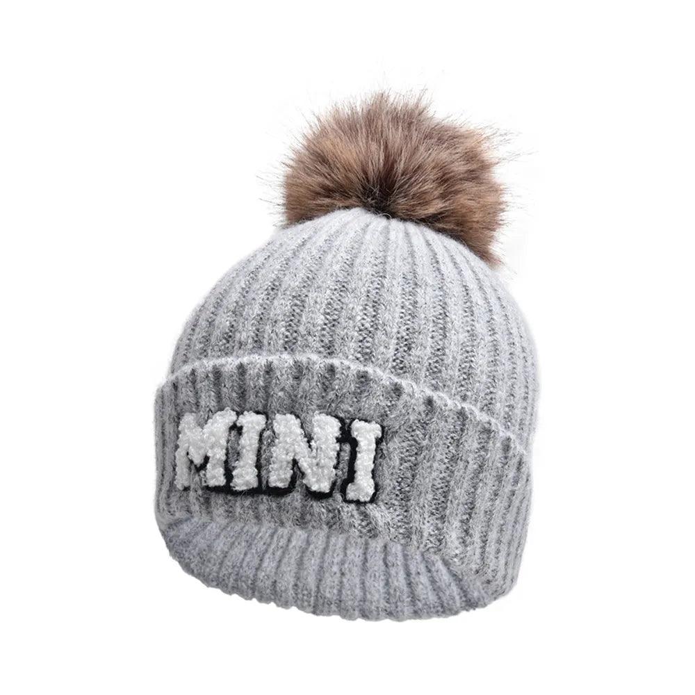 Kunyeah 3Pcs Parent-Child Beanie Hat Mama Papa Baby Matching Hats Winter Warm Cap with Pom-Pom Women Men Knitted Hat - MANDOTOS