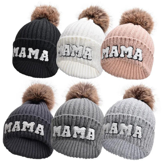 Kunyeah 3Pcs Parent-Child Beanie Hat Mama Papa Baby Matching Hats Winter Warm Cap with Pom-Pom Women Men Knitted Hat - MANDOTOS