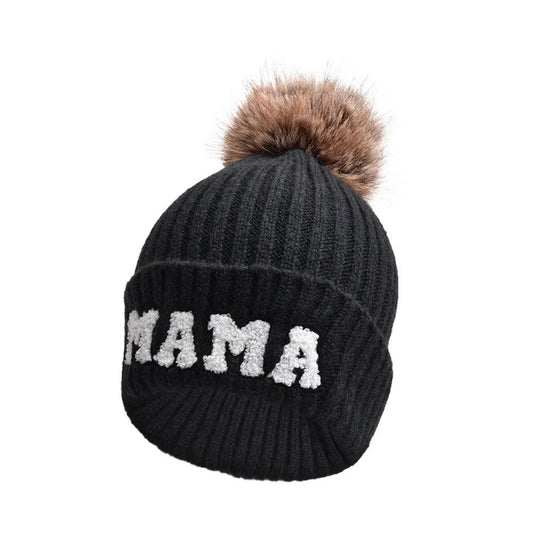 Kunyeah 3Pcs Parent-Child Beanie Hat Mama Papa Baby Matching Hats Winter Warm Cap with Pom-Pom Women Men Knitted Hat - MANDOTOS