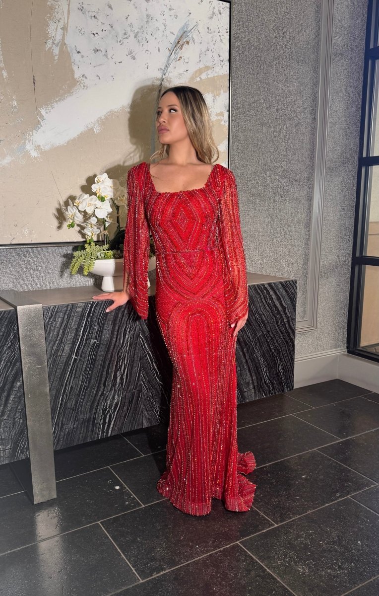 Lailah Modest Long Drape Sleeves Beaded Red Gown - MANDOTOS INTERNATIONALDresses