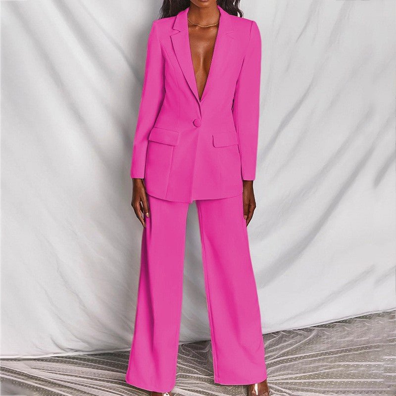 Lapel Button-Down Blazer & Straight-Leg Trousers Suit - MANDOTOS INTERNATIONALTwo-Piece Set