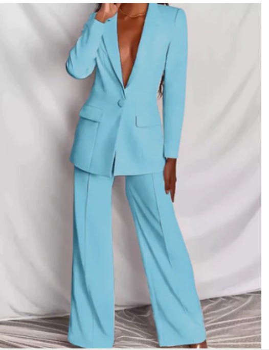 Lapel Button-Down Blazer & Straight-Leg Trousers Suit - MANDOTOS INTERNATIONALTwo-Piece Set