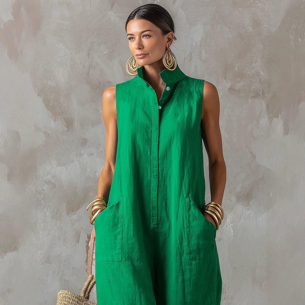 Linen Blend Sleeveless Stand-Collar Jumpsuit – 5 Colors S–3XL - MANDOTOS INTERNATIONALJumpsuits